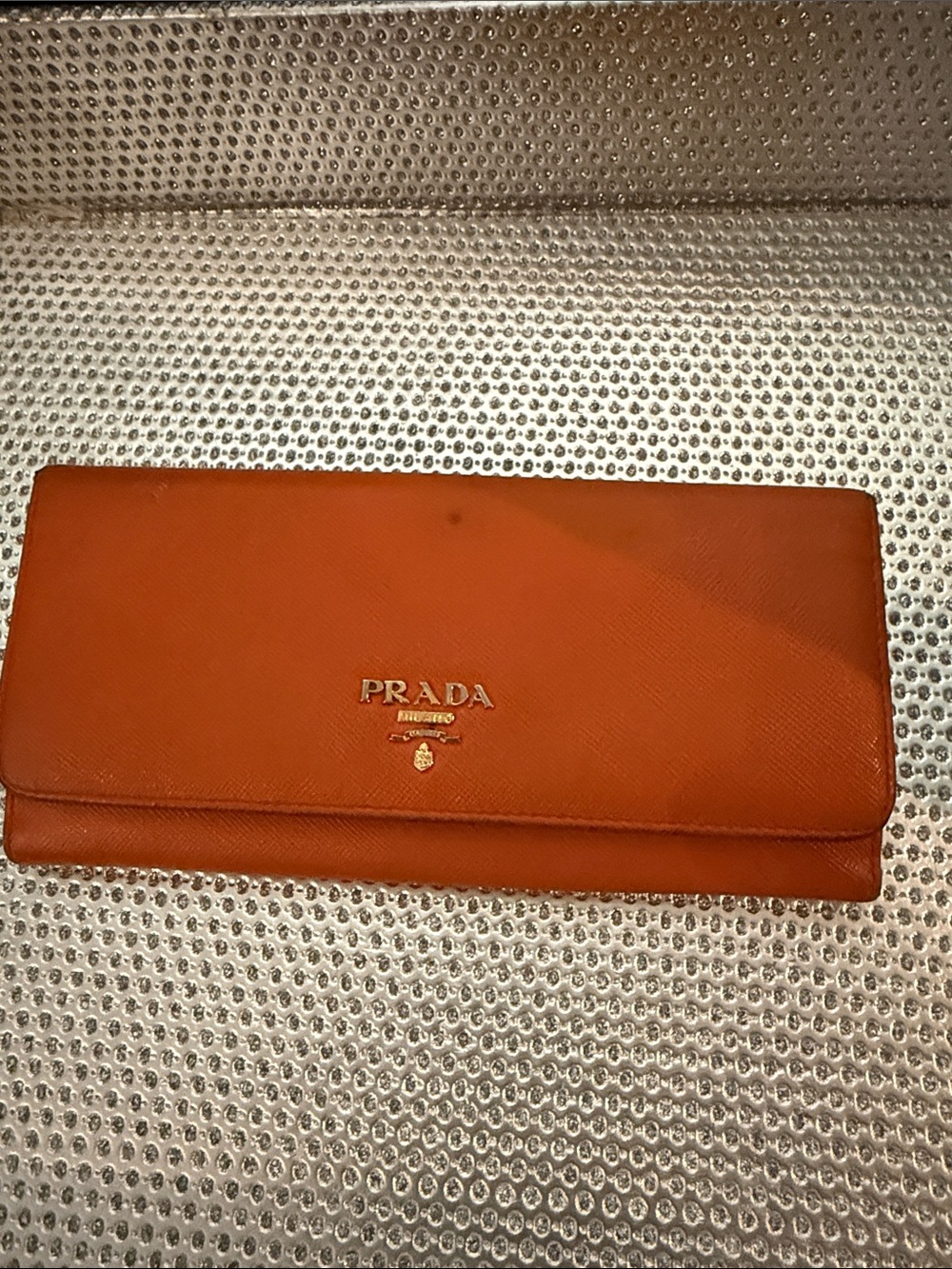 Prada Orange Saffiano Leather Continental Wallet with Gold Logo